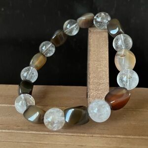Clear Quartz & Coffee Agate Natural Stone Crystal 10mm Beaded Stretch Bracelet